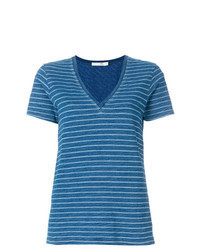 T-shirt à col en v à rayures horizontales bleu