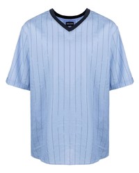 T-shirt à col en v à rayures verticales bleu clair Giorgio Armani