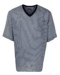 T-shirt à col en v à rayures verticales bleu marine Giorgio Armani