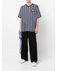 T-shirt à col en v à rayures verticales bleu marine Kenzo