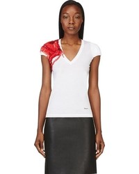 T-shirt à col en v blanc et rouge Dsquared2