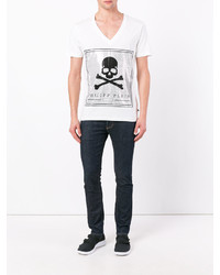 T-shirt à col en v blanc Philipp Plein