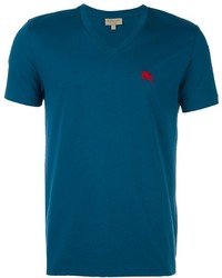 T-shirt à col en v bleu canard Burberry