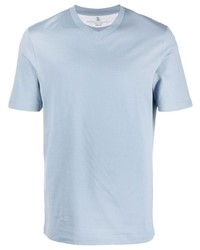 T-shirt à col en v bleu clair Brunello Cucinelli