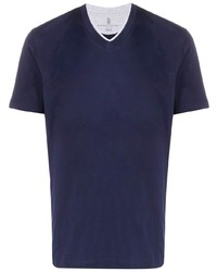 T-shirt à col en v bleu marine Brunello Cucinelli