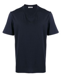 T-shirt à col en v bleu marine Jil Sander