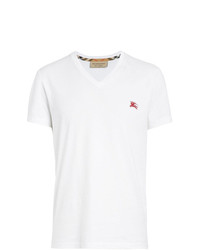 T-shirt à col en v brodé blanc Burberry