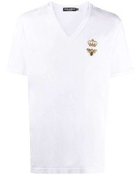 T-shirt à col en v brodé blanc Dolce & Gabbana