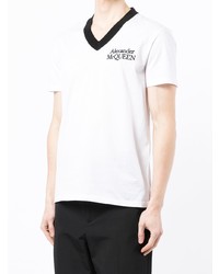 T-shirt à col en v brodé blanc Alexander McQueen