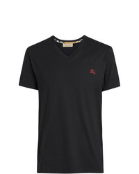 T-shirt à col en v brodé noir Burberry