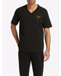 T-shirt à col en v brodé noir Giuseppe Zanotti