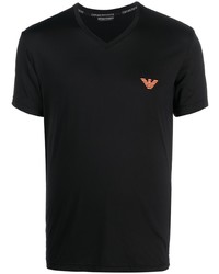 T-shirt à col en v brodé noir Emporio Armani