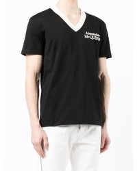 T-shirt à col en v brodé noir Alexander McQueen