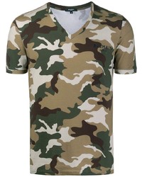 T-shirt à col en v camouflage olive Balmain