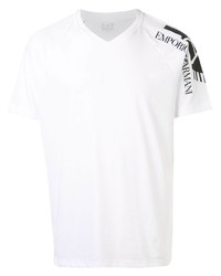 T-shirt à col en v imprimé blanc et noir Ea7 Emporio Armani