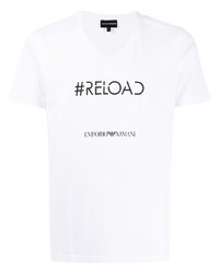 T-shirt à col en v imprimé blanc et noir Emporio Armani