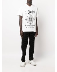 T-shirt à col en v imprimé blanc et noir John Richmond