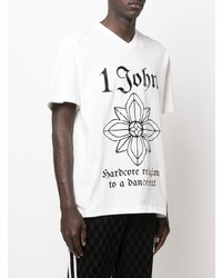 T-shirt à col en v imprimé blanc et noir John Richmond