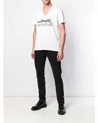 T-shirt à col en v imprimé blanc et noir Just Cavalli