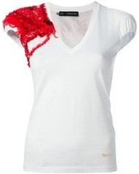 T-shirt à col en v imprimé blanc et rouge