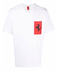 T-shirt à col en v imprimé blanc et rouge Ferrari