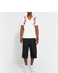 T-shirt à col en v imprimé blanc et rouge Alexander McQueen