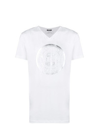 T-shirt à col en v imprimé blanc Balmain