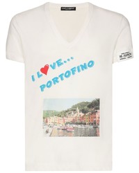 T-shirt à col en v imprimé blanc Dolce & Gabbana