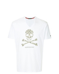 T-shirt à col en v imprimé blanc Loveless