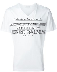 T-shirt à col en v imprimé blanc Pierre Balmain