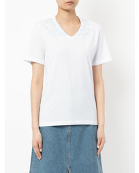 T-shirt à col en v imprimé blanc MM6 MAISON MARGIELA