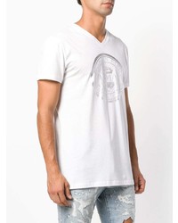 T-shirt à col en v imprimé blanc Balmain