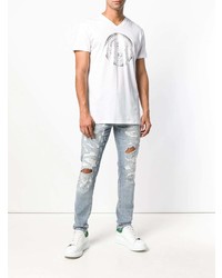 T-shirt à col en v imprimé blanc Balmain