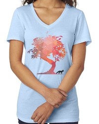 T-shirt à col en v imprimé bleu clair