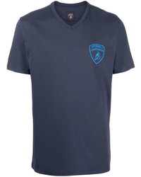 T-shirt à col en v imprimé bleu marine Automobili Lamborghini