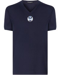 T-shirt à col en v imprimé bleu marine Dolce & Gabbana