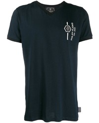 T-shirt à col en v imprimé bleu marine Philipp Plein
