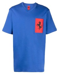 T-shirt à col en v imprimé bleu Ferrari