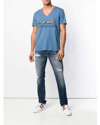 T-shirt à col en v imprimé bleu Just Cavalli