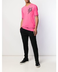 T-shirt à col en v imprimé fuchsia Philipp Plein