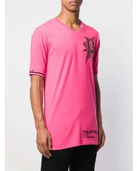 T-shirt à col en v imprimé fuchsia Philipp Plein