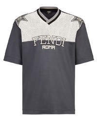 T-shirt à col en v imprimé gris foncé Fendi