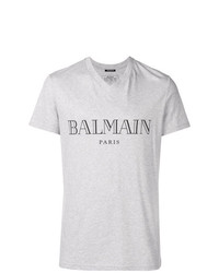 T-shirt à col en v imprimé gris Balmain