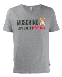T-shirt à col en v imprimé gris Moschino