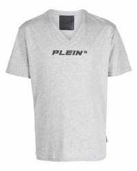 T-shirt à col en v imprimé gris Philipp Plein