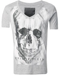 T-shirt à col en v imprimé gris Philipp Plein