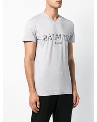 T-shirt à col en v imprimé gris Balmain