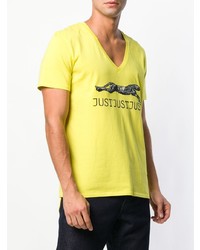 T-shirt à col en v imprimé jaune Just Cavalli