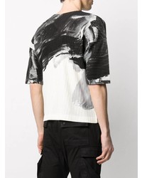 T-shirt à col en v imprimé noir et blanc Homme Plissé Issey Miyake