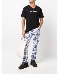 T-shirt à col en v imprimé noir et blanc Philipp Plein